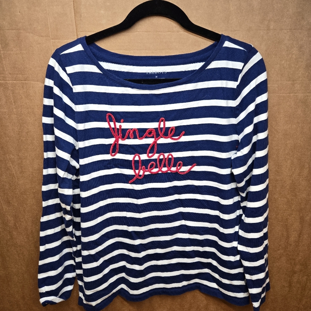 Talbots Women's Size Medium Jingle Belle Holidays Blue and White Striped Shirt